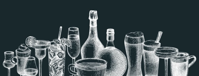 Hand-sketched drinks banner design. Vector sketches of popular beverages in elegant glasses. Popular drinks vintage hand-drawings. Bar or restaurant menu template isolated on chalkboard